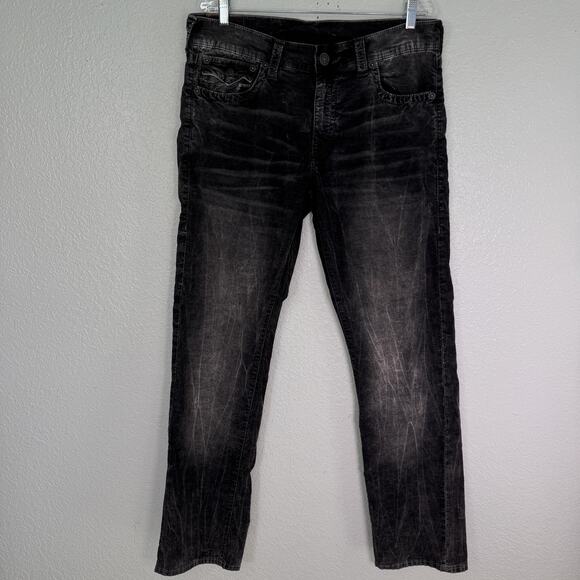 True Religion Jeans Mens 34 Ricky Relaxed Straight Denim Flap Pockets Black Gray